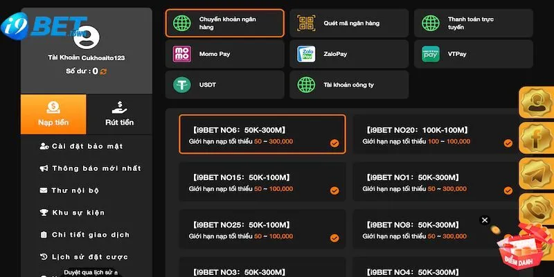 Hướng dẫn nạp tiền i9bet cho từng hình thức